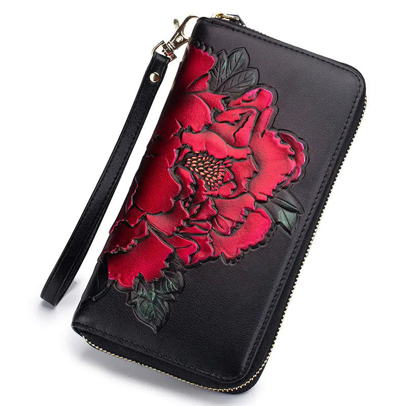 Hand-Painted Peony Organ Wallet for Ladies