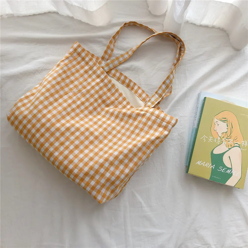 One Shoulder Checked Cotton Bag for Ladies