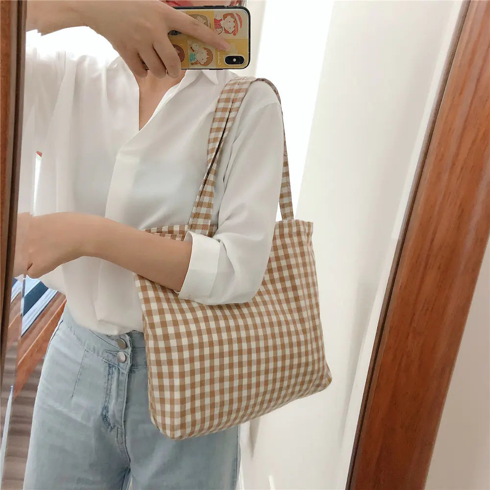One Shoulder Checked Cotton Bag for Ladies