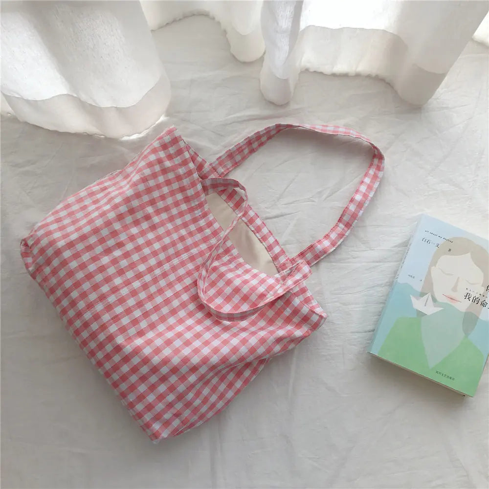 One Shoulder Checked Cotton Bag for Ladies